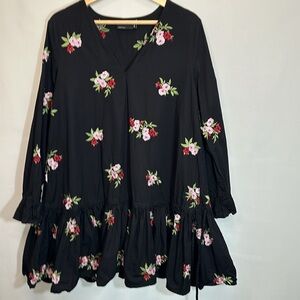 ASOS Dress Flowers Embroidered Swing Smock Ruffle Drawstring Pephem 10 Peasant